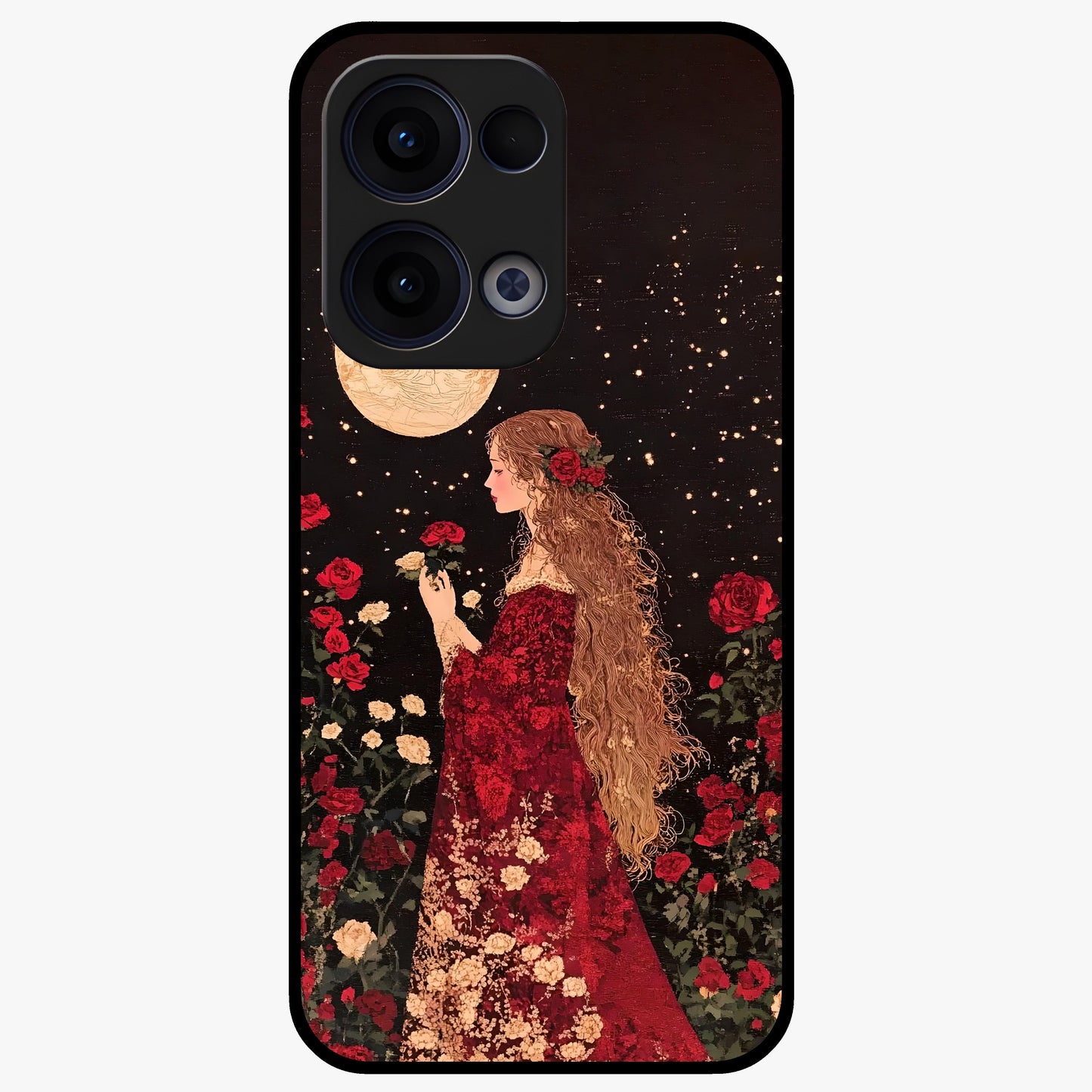 Crimson Dreams Glass Case showing flat back view with dreamy crimson artwork and glossy glass finish.