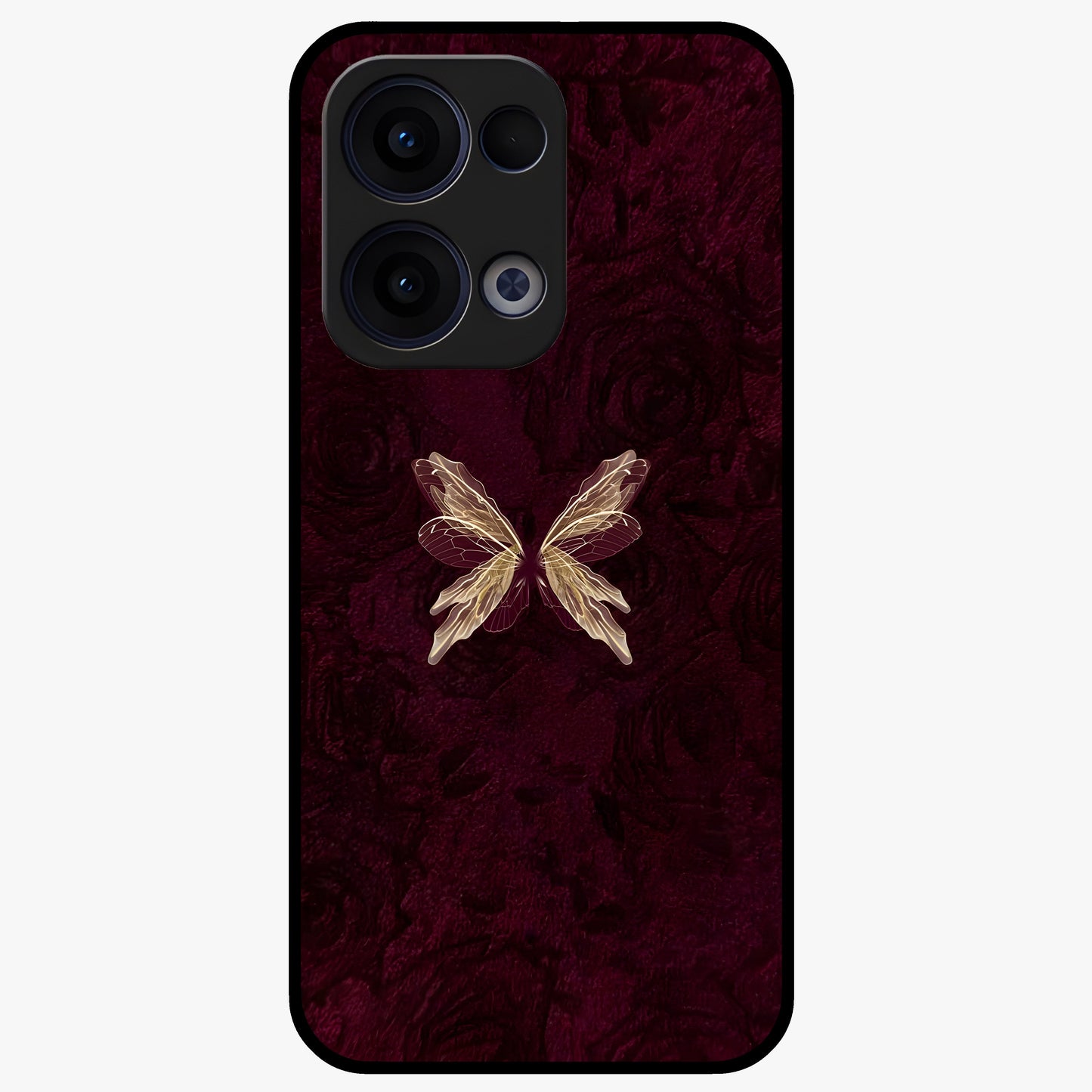 Crimson Fade Butterfly Glass Case showing flat back view with fading butterfly artwork and glossy glass finish.