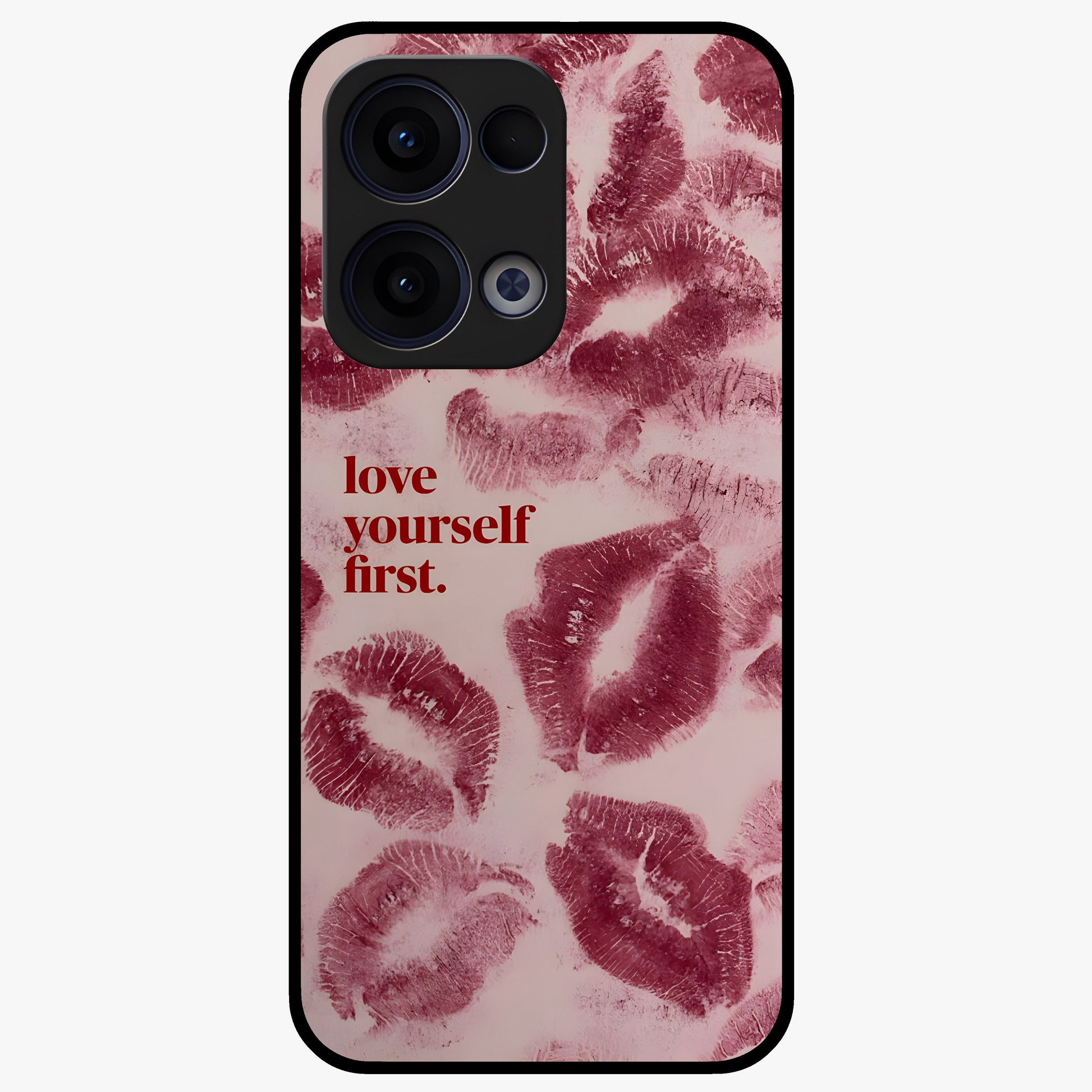 Crimson Kiss Love Glass Case showing flat back view with romantic crimson themed artwork and glossy glass finish.