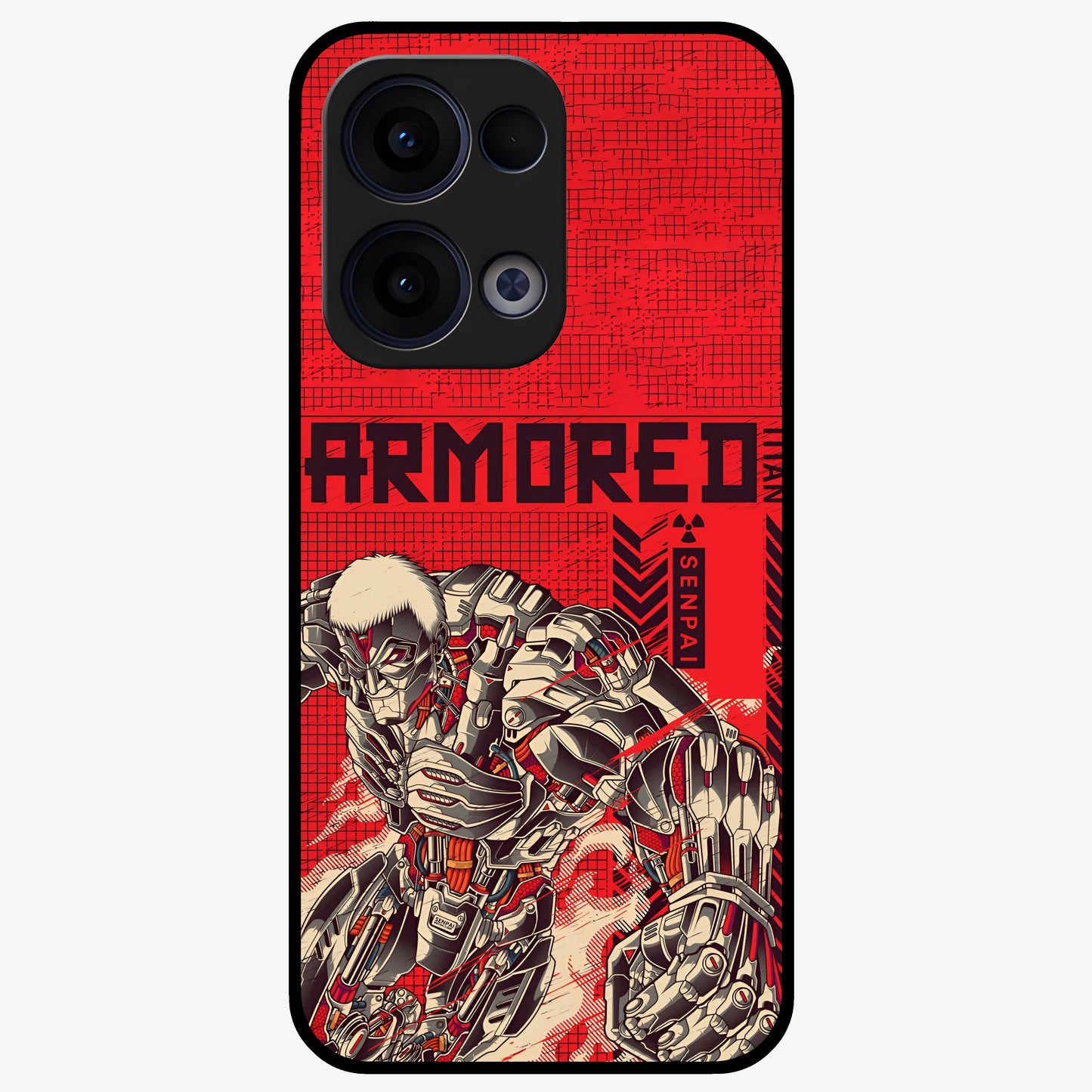 Crimson Mecha Titan Glass Case showing flat back view with powerful mech titan artwork and glossy glass finish.