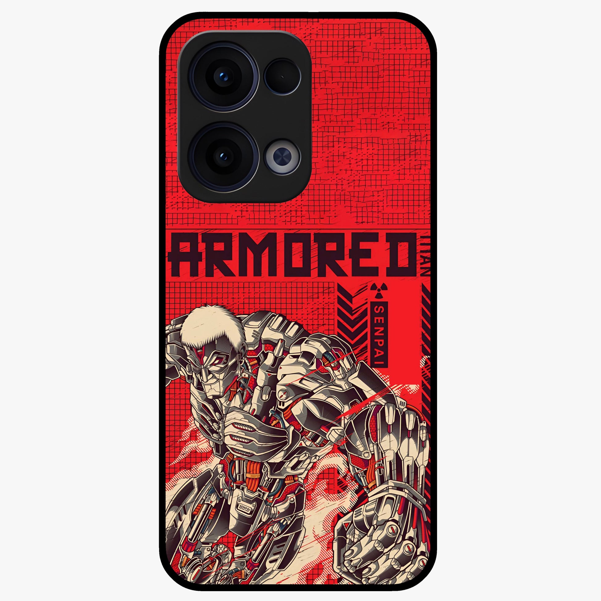 Crimson Mecha Titan Glass Case showing flat back view with powerful mech titan artwork and glossy glass finish.
