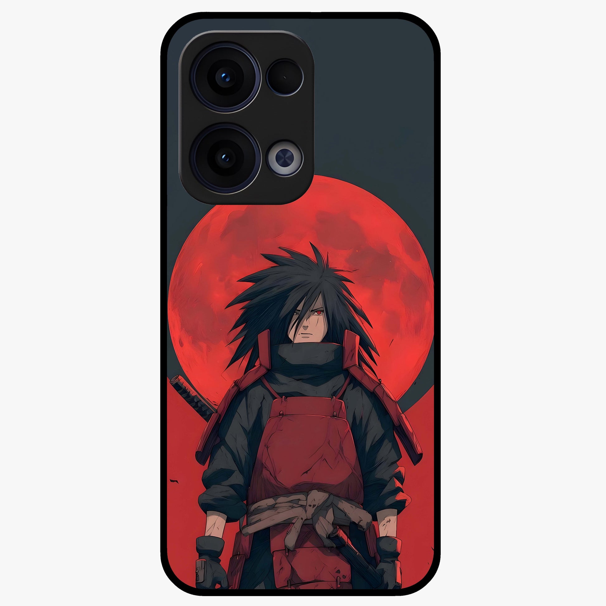 Crimson Moon Warlord Glass Case showing flat back view with mystical moon warrior artwork and glossy glass finish.