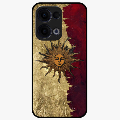 Crimson Sun Majesty Glass Case showing flat back view with radiant sun inspired artwork and glossy glass finish.