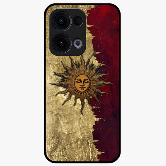 Crimson Sun Majesty Glass Case showing flat back view with radiant sun inspired artwork and glossy glass finish.