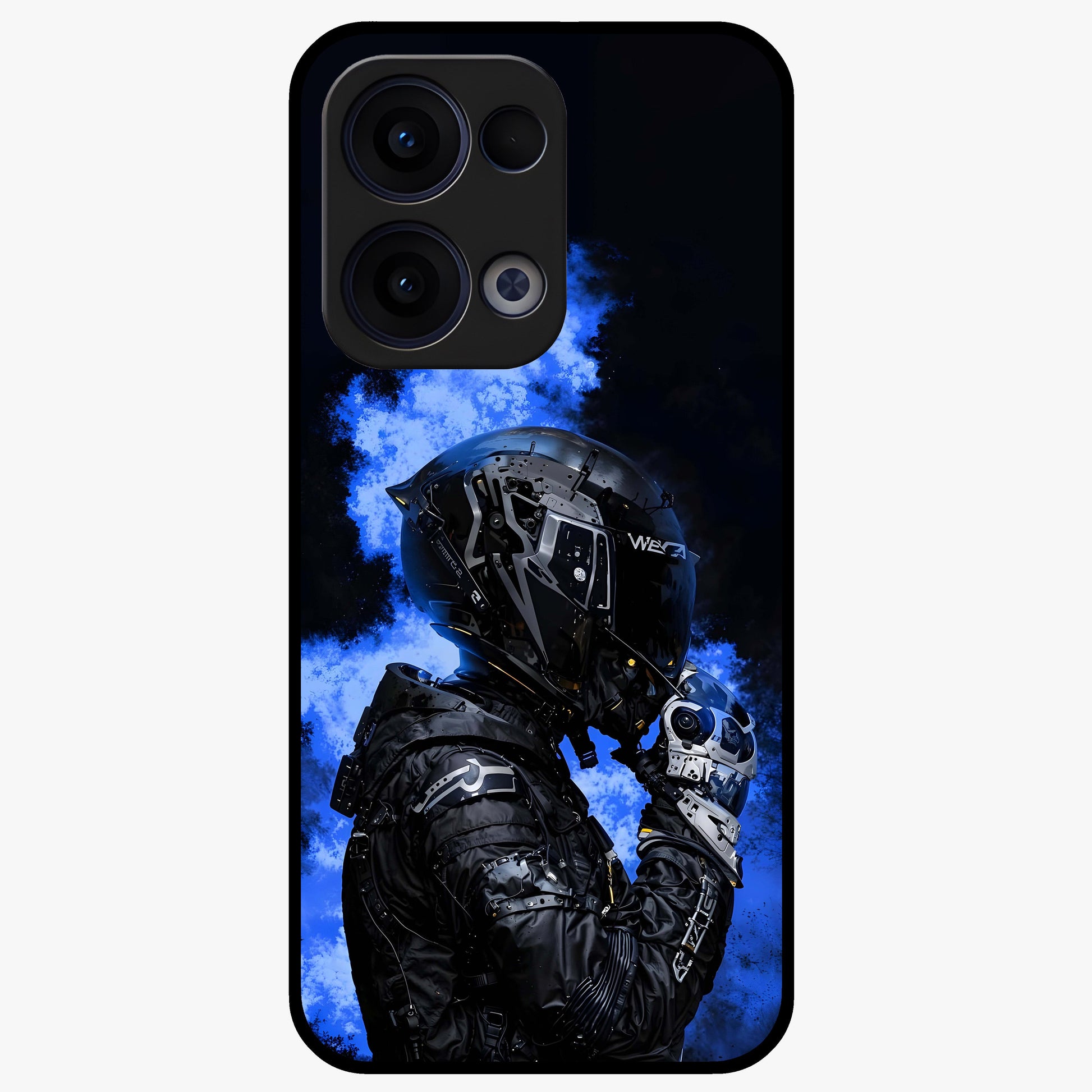 Cyber Sentinel Protocol Glass Case showing flat back view with futuristic cyber themed artwork and glossy glass finish.