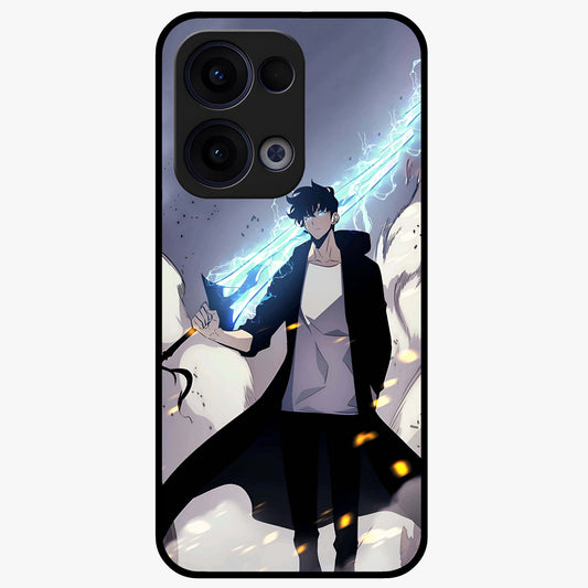 Dark Lightning Anime Warrior Glass Case showing flat back view with intense anime warrior artwork and glossy glass finish.