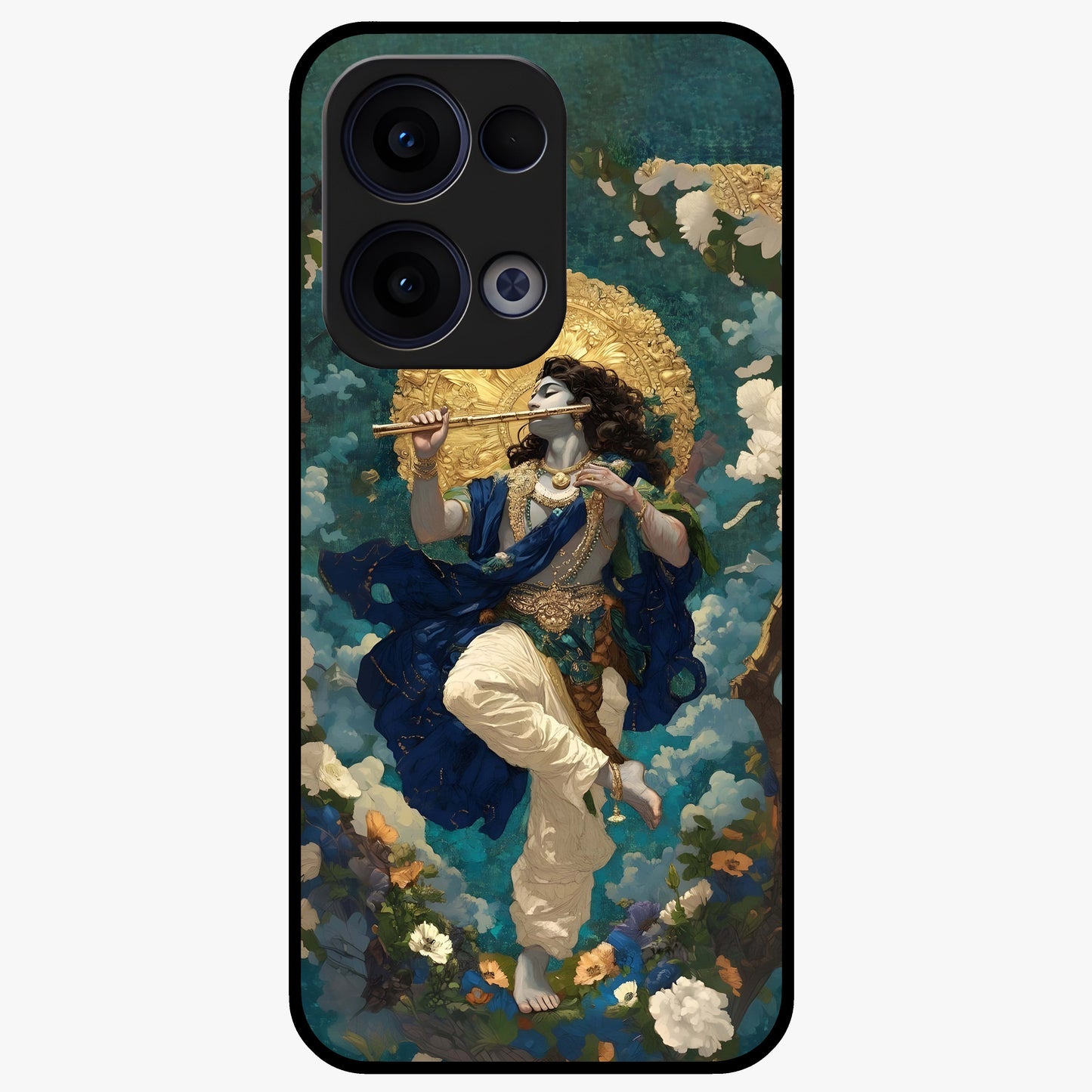 Divine Krishna Art Glass Case showing flat back view with Lord Krishna artwork and glossy glass finish.