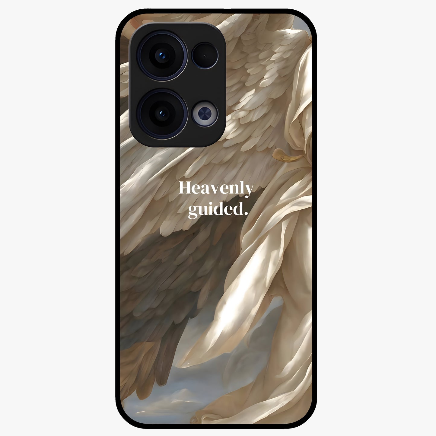 Divine Winged Grace Glass Case showing flat back view with elegant wing inspired artwork and glossy glass finish.