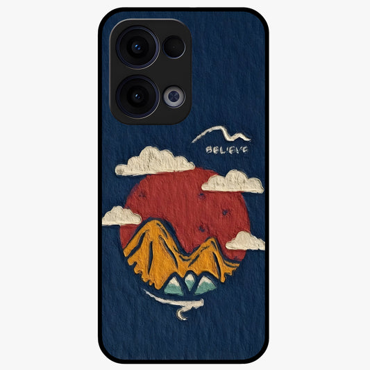 Dream Beyond Mountains Glass Case showing flat back view with scenic mountain landscape artwork and glossy glass finish.