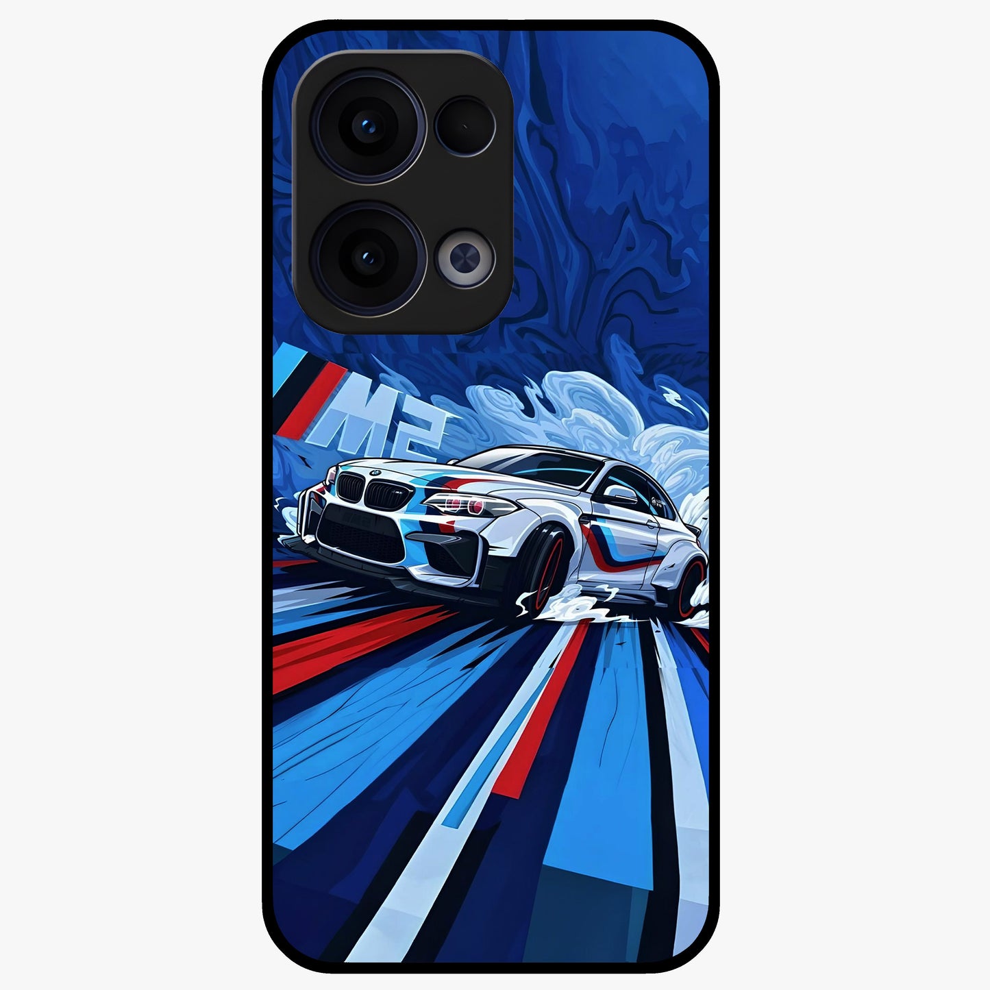 Drift Power Rush Glass Case showing flat back view with dynamic racing inspired artwork and glossy glass finish.