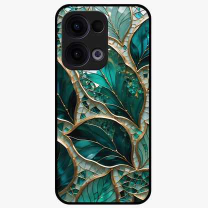 Emerald Leaf Glass Glass Case showing flat back view with emerald green leaf artwork and glossy glass finish.