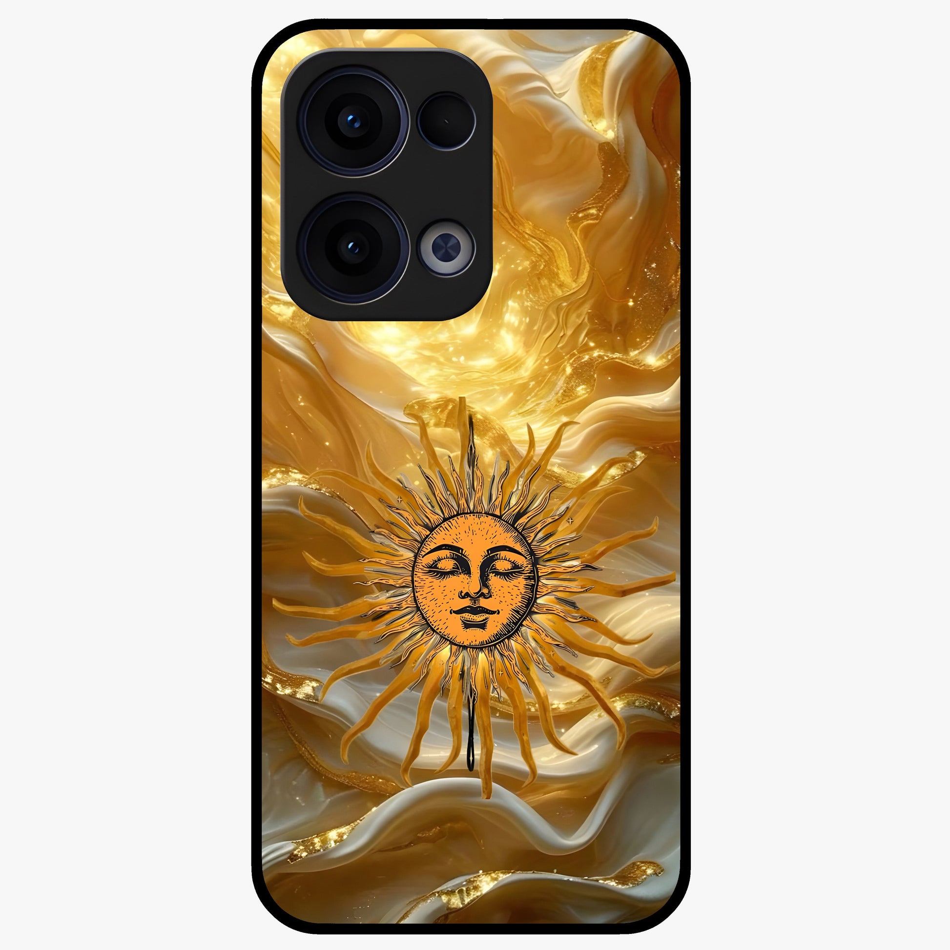 Eternal Golden Glow Glass Case showing flat back view with radiant golden themed artwork and glossy glass finish.