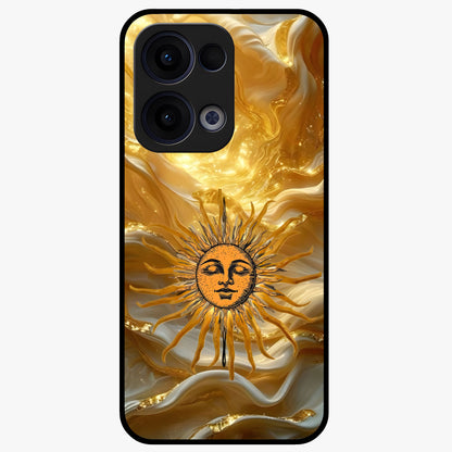 Eternal Golden Glow Glass Case showing flat back view with radiant golden themed artwork and glossy glass finish.