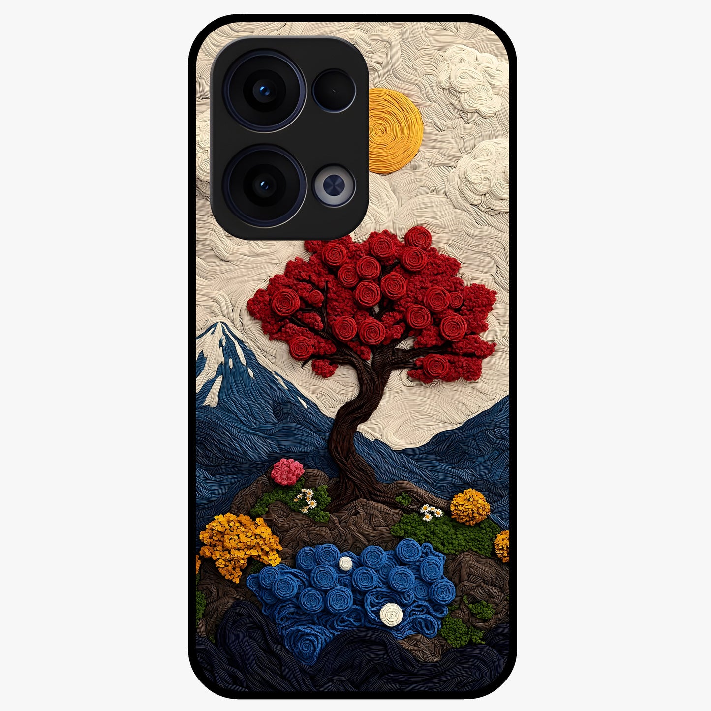 Eternal Nature Tapestry Glass Case showing flat back view with intricate nature tapestry artwork and glossy glass finish.