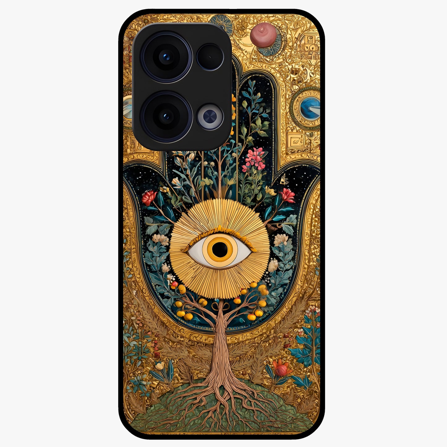 Ethereal Evil Eye Glass Case showing flat back view with mystical evil eye artwork and glossy glass finish.