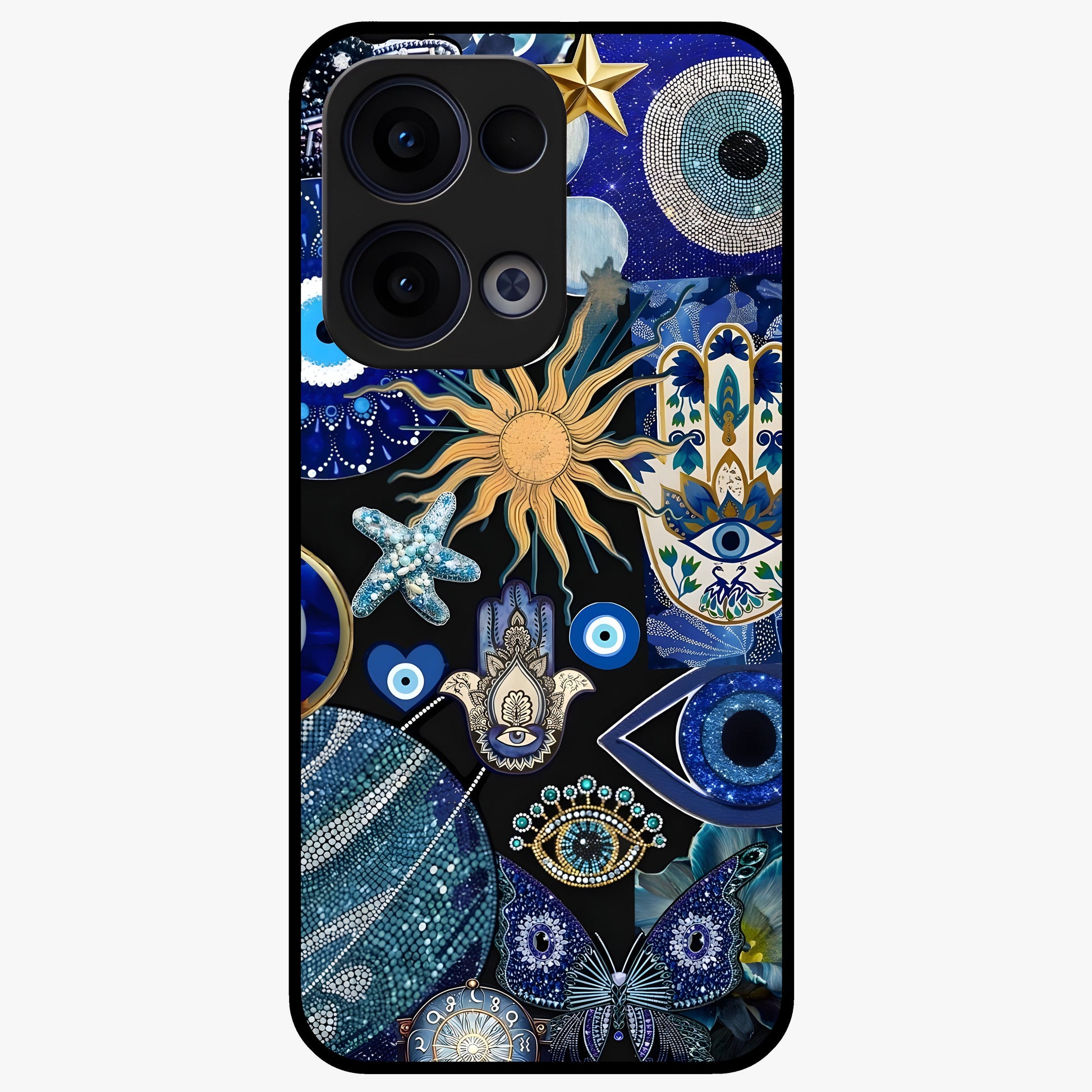 Evil Eye Charm Mix Glass Case showing flat back view with multiple evil eye charms artwork and glossy glass finish.
