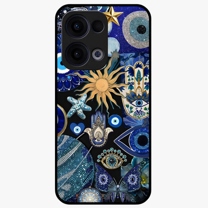 Evil Eye Charm Mix Glass Case showing flat back view with multiple evil eye charms artwork and glossy glass finish.