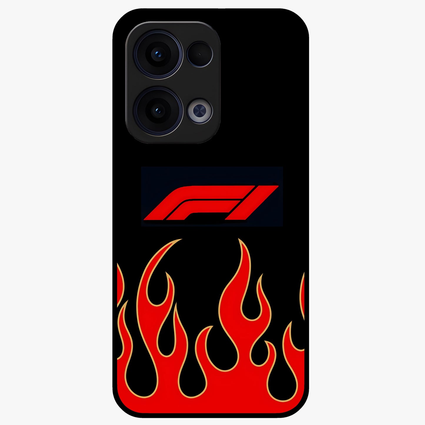 Fire F11 Glass Case showing flat back view with fiery themed artwork and glossy glass finish.