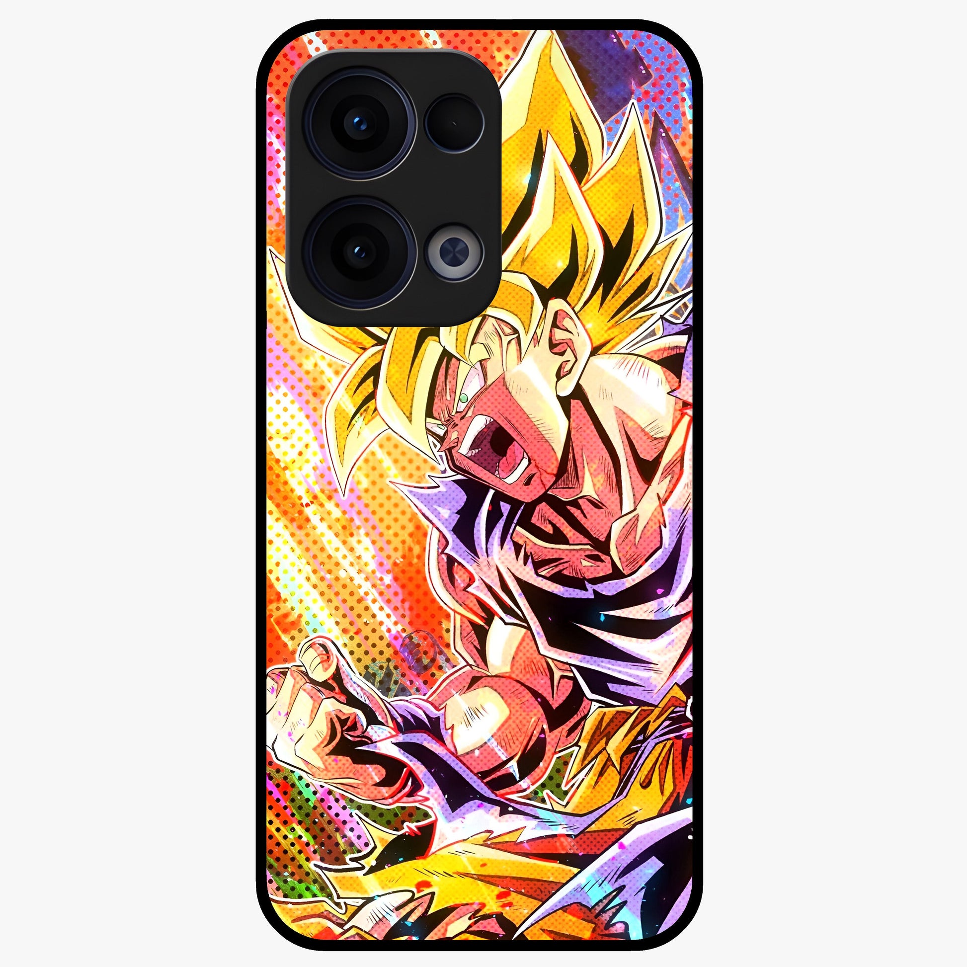 Firing Goku Glass Case showing flat back view with powerful anime inspired artwork and glossy glass finish.