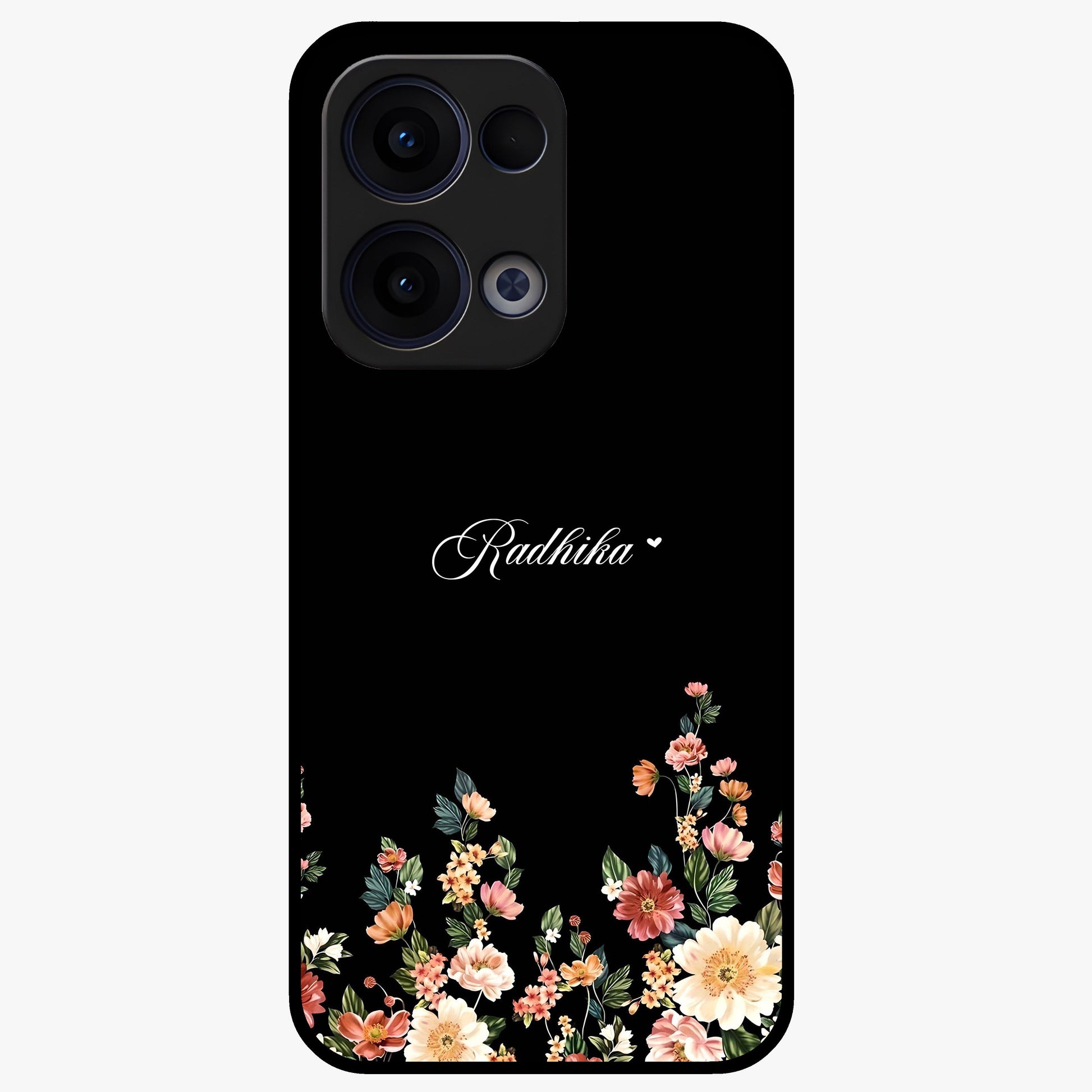 Floral Design With a Custom Personalized Name Glass Case showing flat back view with floral artwork and personalized name design.