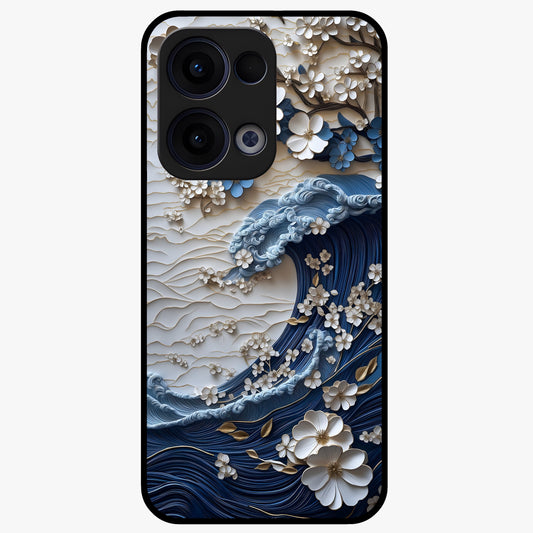 Floral Wave Origami Glass Case showing flat back view with origami inspired floral wave artwork and glossy glass finish.