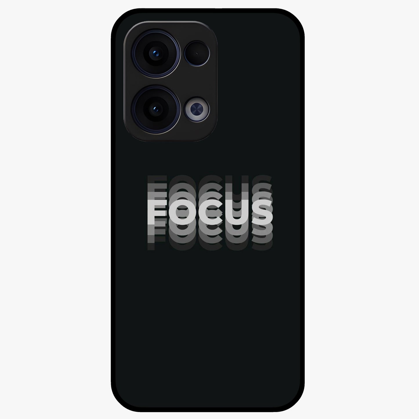 Focus Mode On Glass Case showing flat back view with bold motivational typography design and glossy glass finish.
