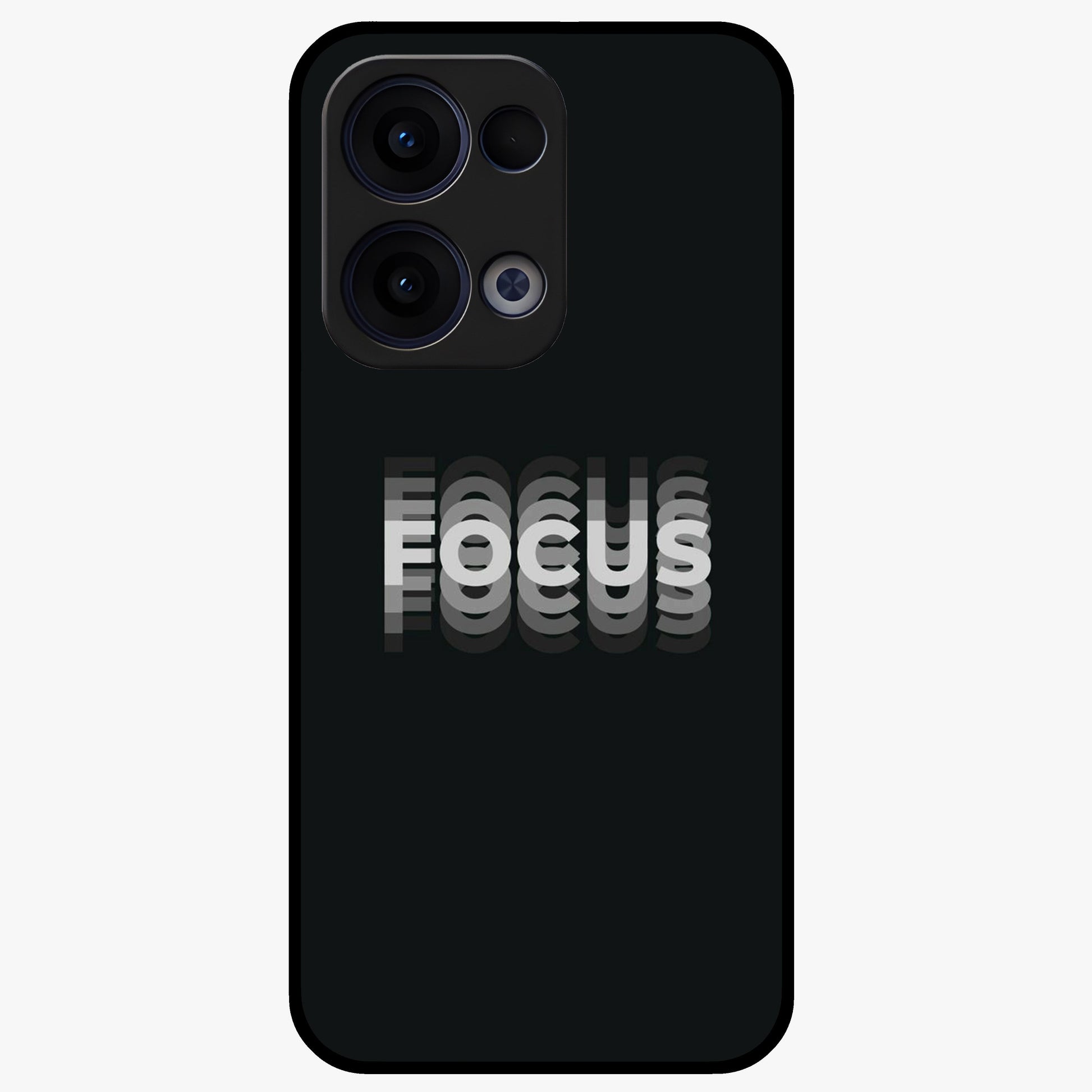 Focus Mode On Glass Case showing flat back view with bold motivational typography design and glossy glass finish.