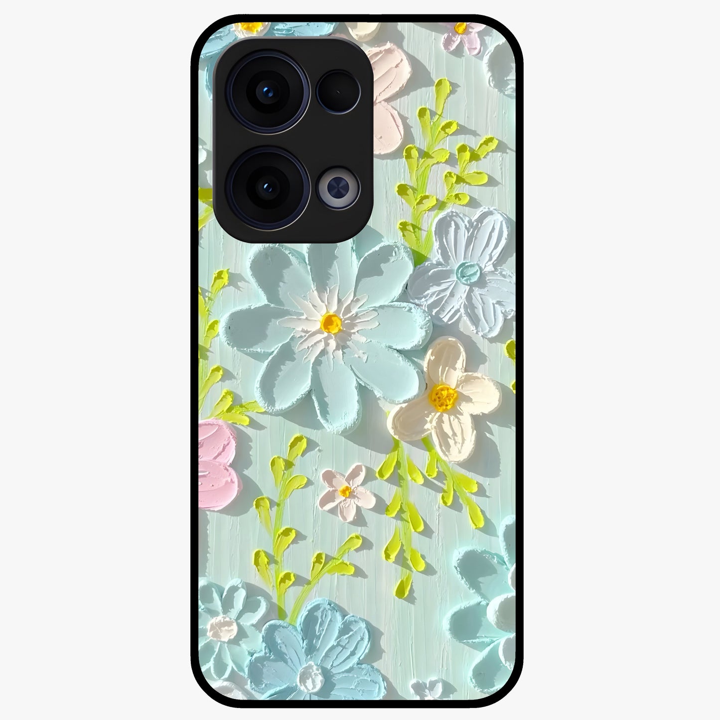 Frosted Petal Garden Glass Case showing flat back view with soft frosted floral artwork and glossy glass finish.