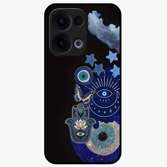 Galactic Charm Cluster Glass Case showing flat back view with glowing celestial charm artwork and glossy glass finish.