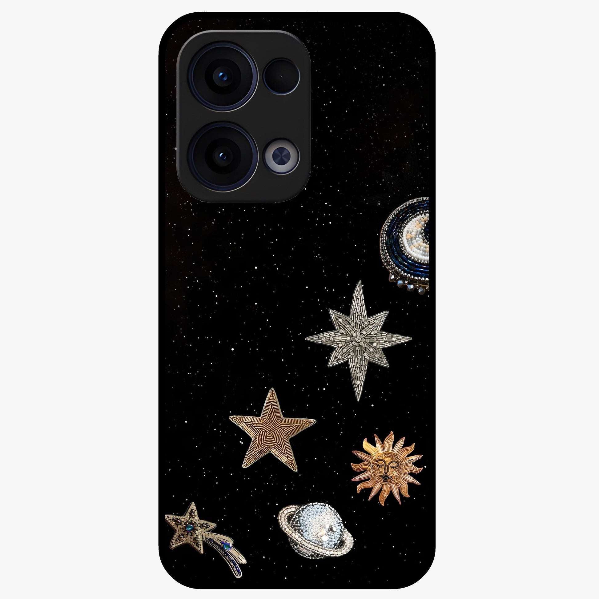 Galactic Charm Glow Glass Case showing flat back view with glowing celestial charm artwork and glossy glass finish.
