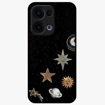 Galactic Charm Glow Glass Case showing flat back view with glowing celestial charm artwork and glossy glass finish.