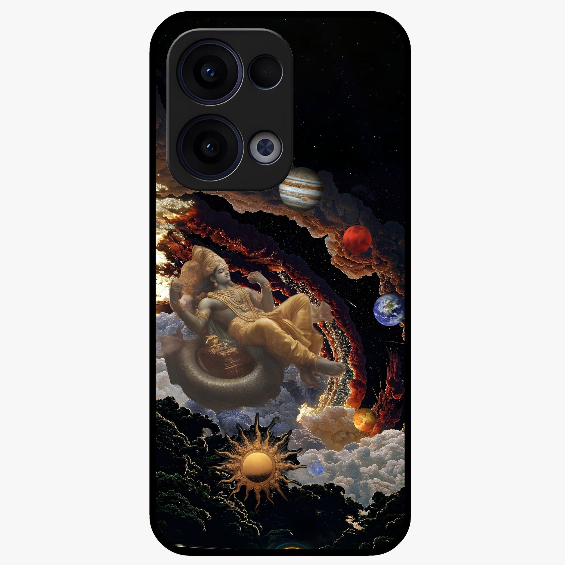 Galactic Divine God Glass Case showing flat back view with divine cosmic themed artwork and glossy glass finish.