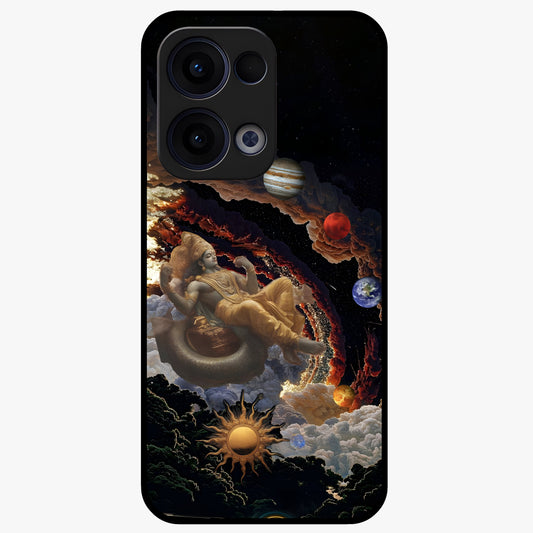 Galactic Divine God Glass Case showing flat back view with divine cosmic themed artwork and glossy glass finish.