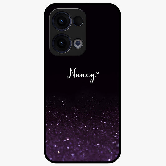 Glittery Purple Bokeh Custom Name Glass Case showing flat back view with purple bokeh sparkle artwork and personalized name design.