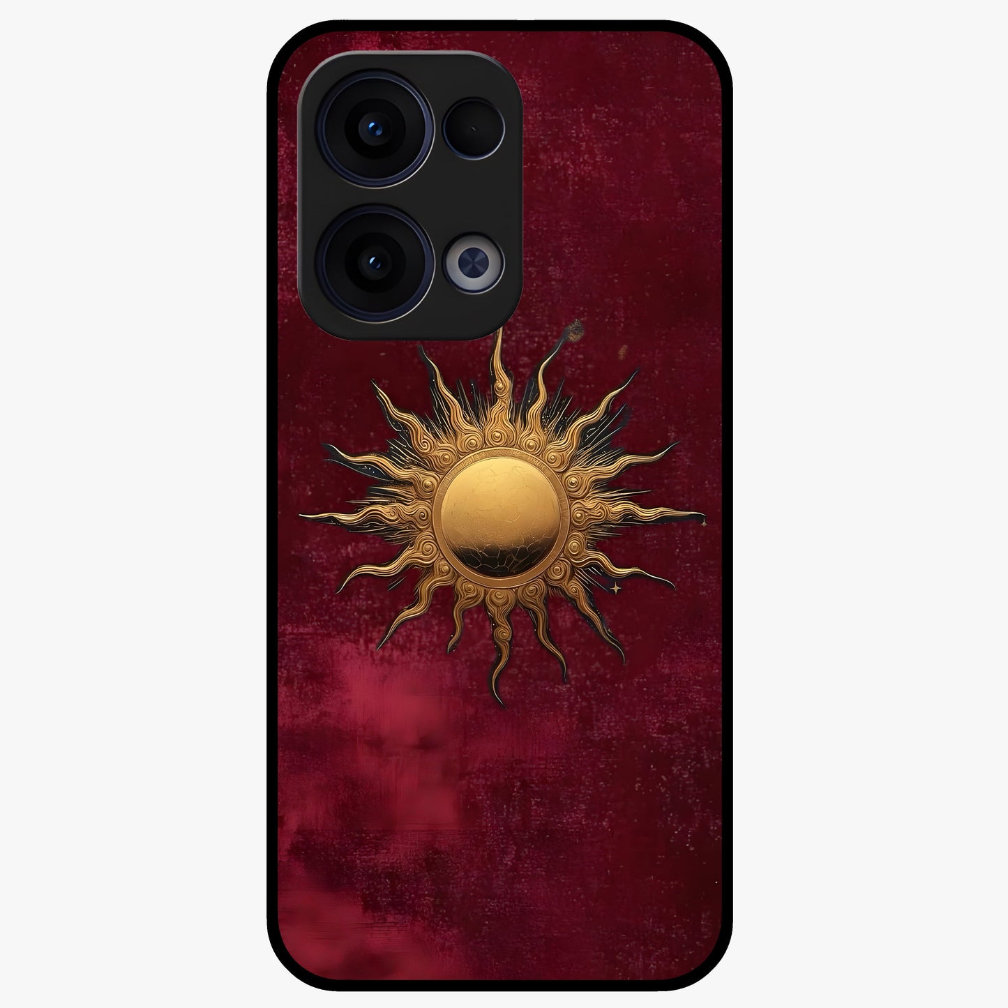 Gold Sun Blush Glass Case showing flat back view with golden sun inspired artwork and glossy glass finish.