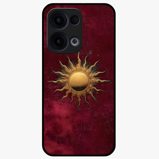 Gold Sun Blush Glass Case showing flat back view with golden sun inspired artwork and glossy glass finish.