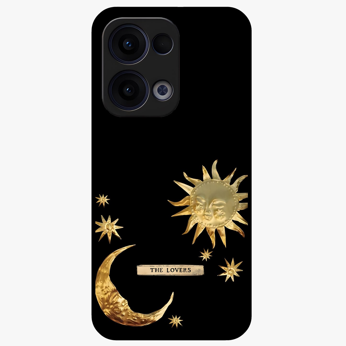 Golden Celestial Charm Glass Case showing flat back view with golden celestial charm artwork and glossy glass finish.