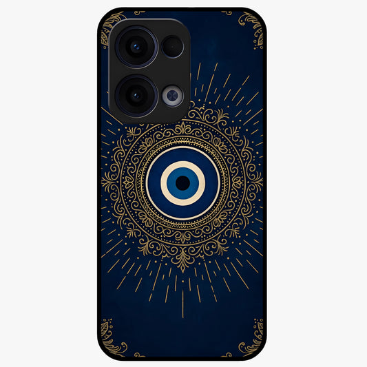 Golden Evil Eye Mandala Glass Case showing flat back view with intricate evil eye mandala artwork and glossy glass finish.