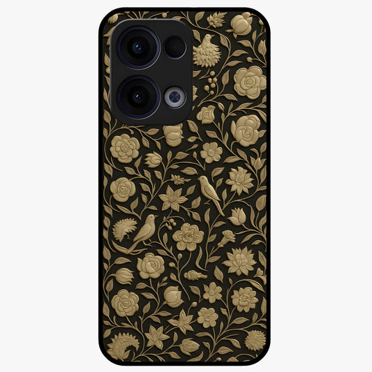 Golden Floral Majesty Glass Case showing flat back view with luxurious golden floral artwork and glossy glass finish.