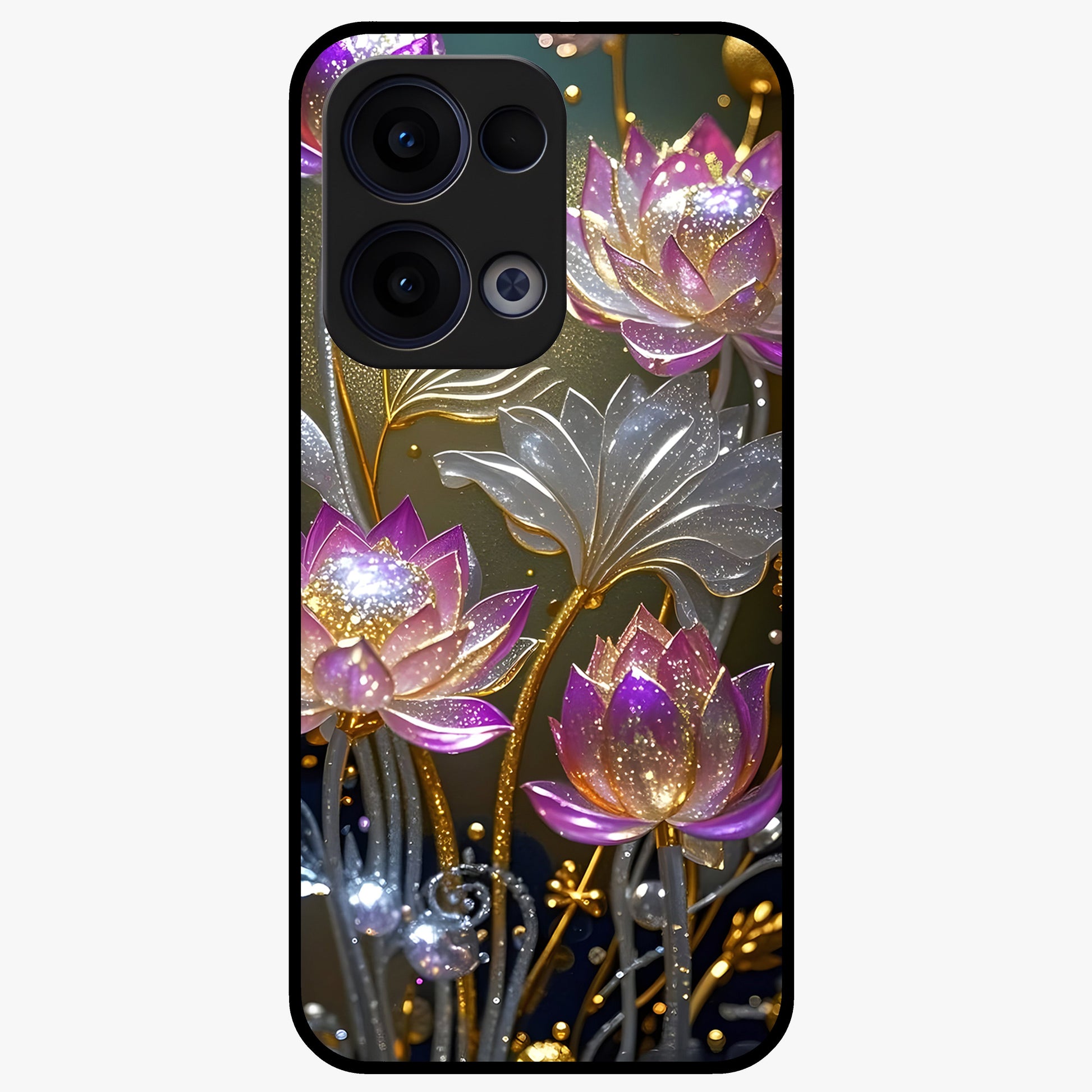 Golden Lotus Glow Glass Case showing flat back view with glowing lotus flower artwork and glossy glass finish.