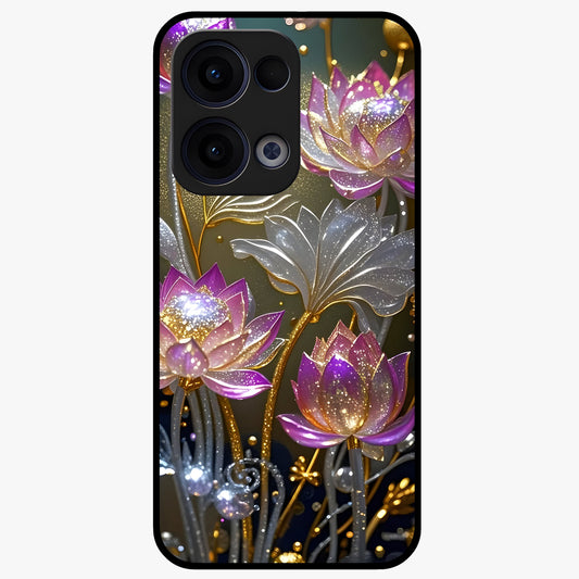 Golden Lotus Glow Glass Case showing flat back view with glowing lotus flower artwork and glossy glass finish.