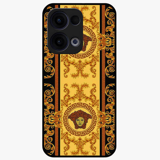 Golden Royal Heritage Glass Case showing flat back view with ornate royal pattern artwork and glossy glass finish.