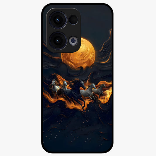Golden Stallion Moonride Glass Case showing flat back view with majestic horse under moonlight artwork and glossy glass finish.