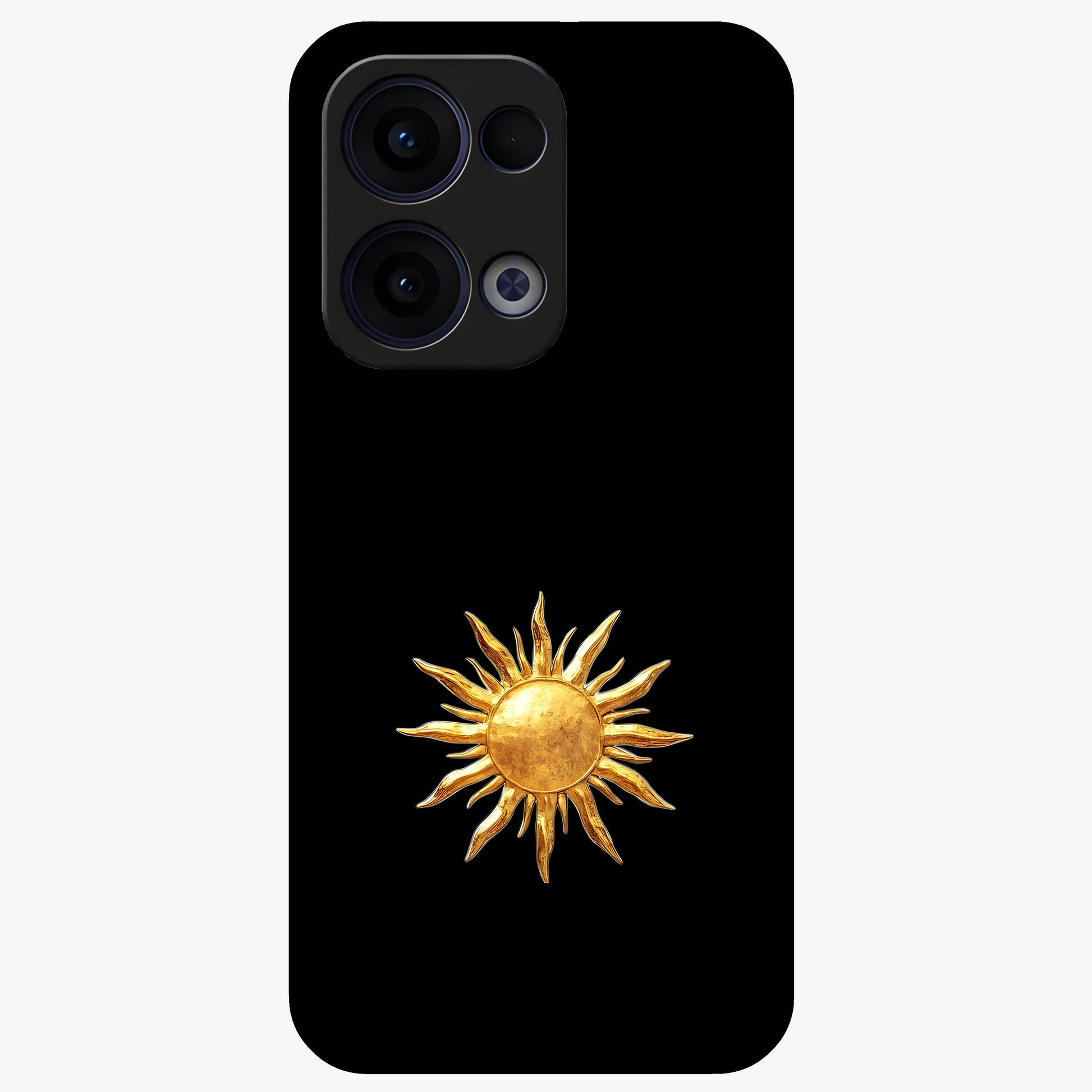 Golden Sun Minimalism Glass Case showing flat back view with minimal golden sun artwork and glossy glass finish.