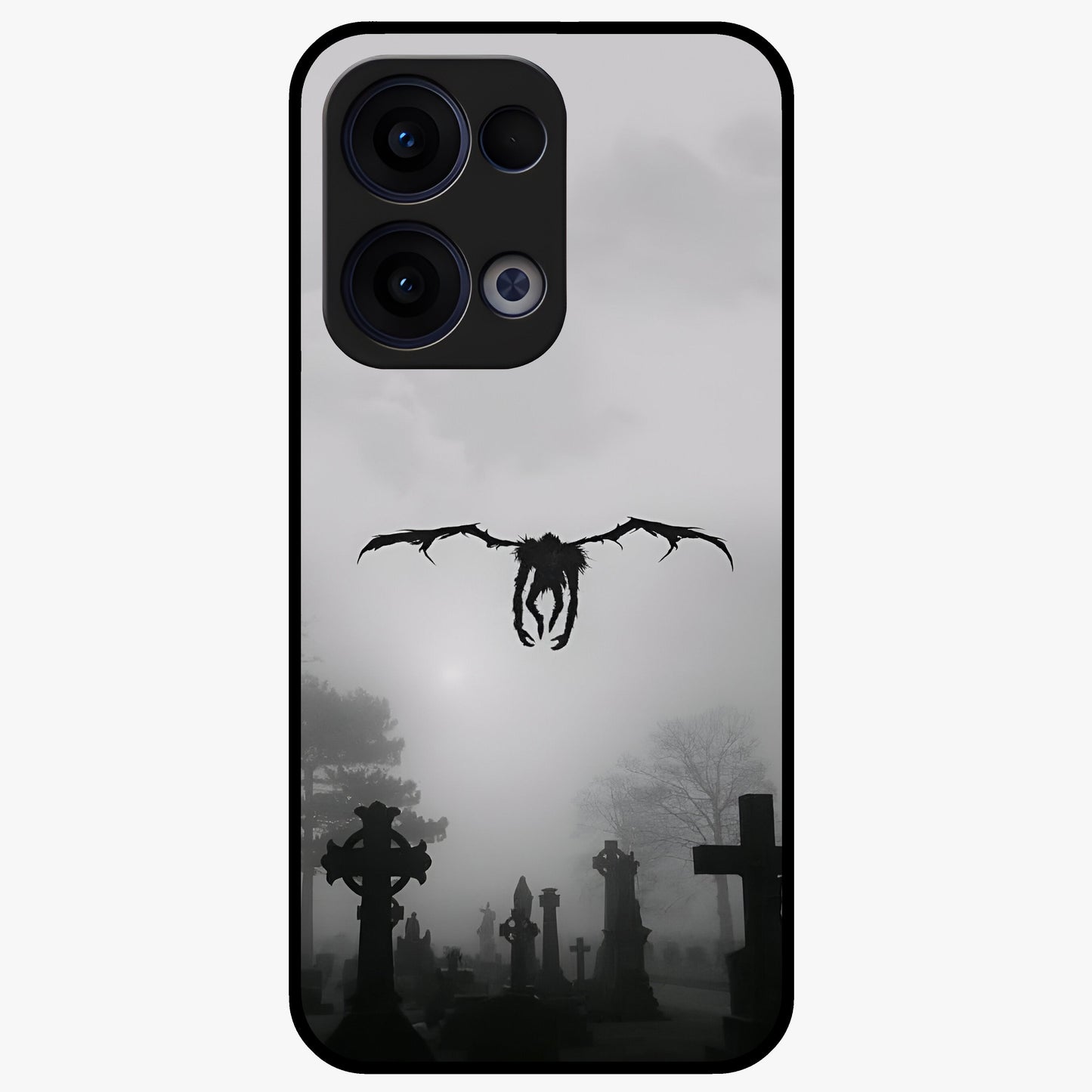 Graveyard Shadow Descent Glass Case showing flat back view with dark graveyard themed artwork and glossy glass finish.