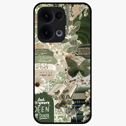 Green Islamic Books Quotes Glass Case showing flat back view with Islamic quotes and book themed artwork and glossy glass finish.