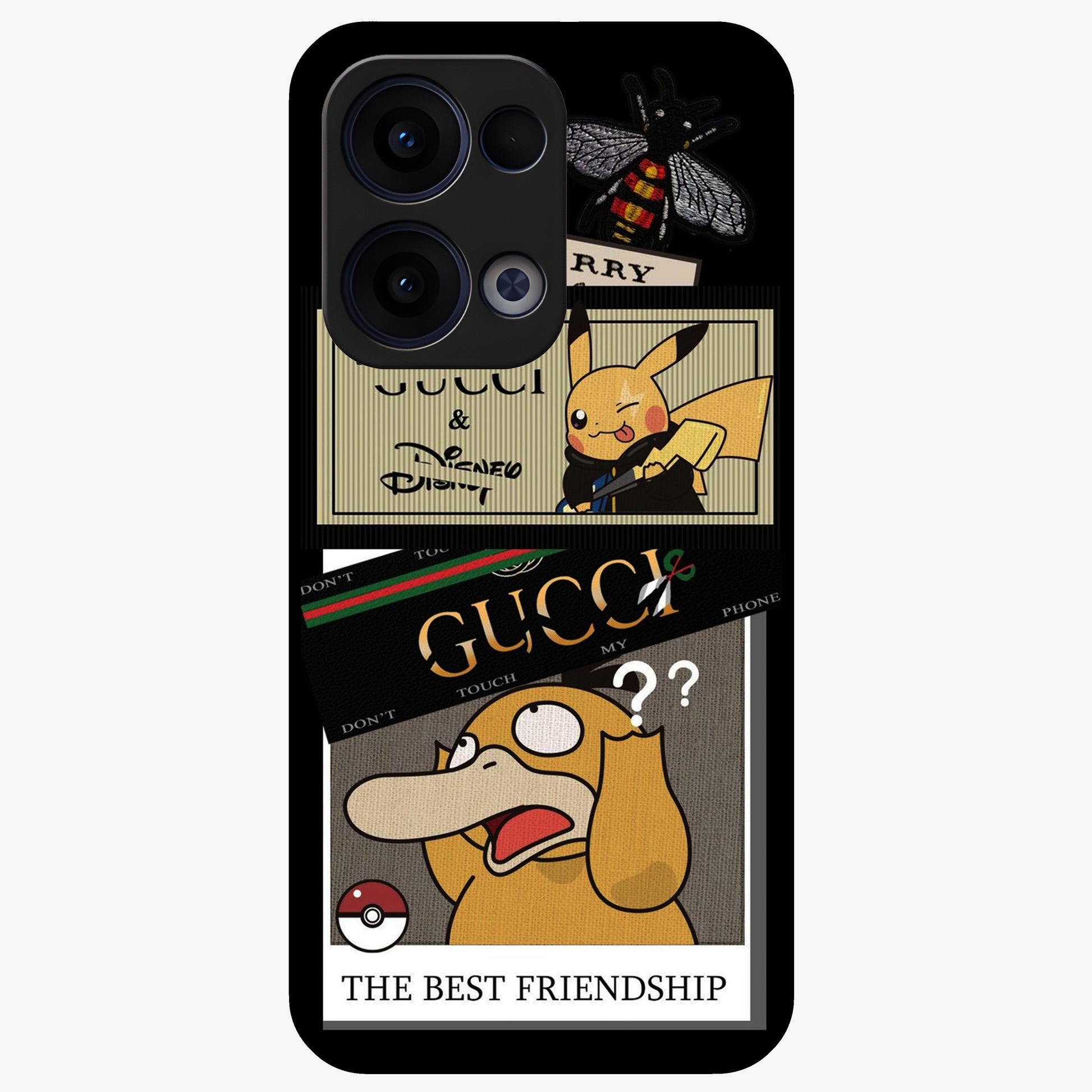Gucci Play Mashup Glass Case showing flat back view with luxury inspired graphic artwork and glossy glass finish.