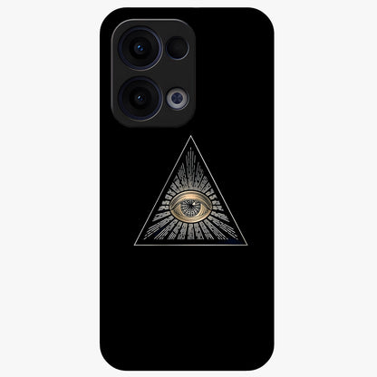 Illuminati Evil Glass Case showing flat back view with mysterious illuminati symbol artwork and glossy glass finish.
