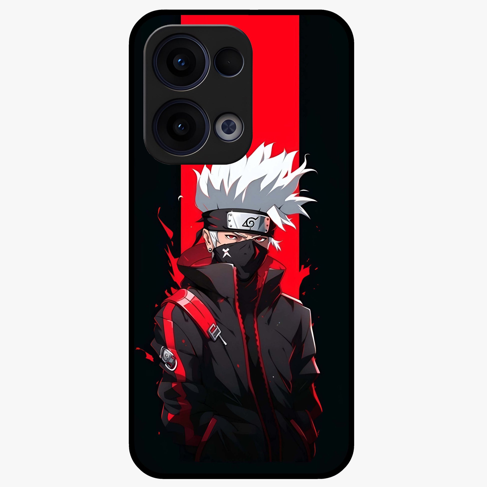 Kakashi Scarlet Shadow Glass Case showing flat back view with powerful anime ninja artwork and glossy glass finish.