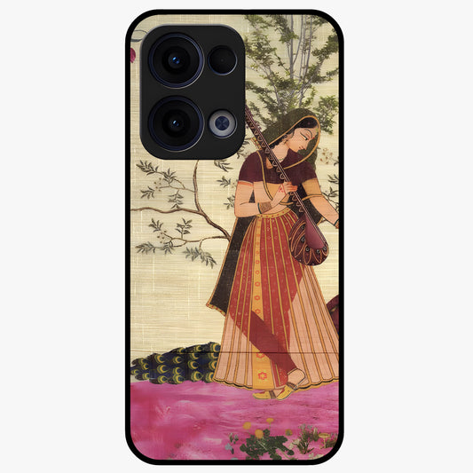 Lady With Veena Art Glass Case showing flat back view with elegant woman playing veena artwork and glossy glass finish.